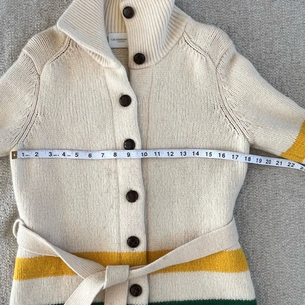 Liz Claiborne Vtg lambs wool blend tie waist sweater, Hudson Bay stripe design - Picture 8 of 16